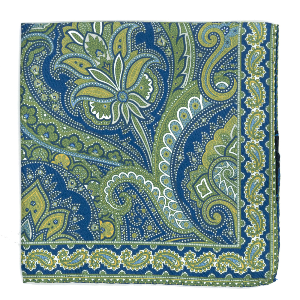 Ulturale Pochette fondo blu con paisley verdi in 100% seta - Ulturale