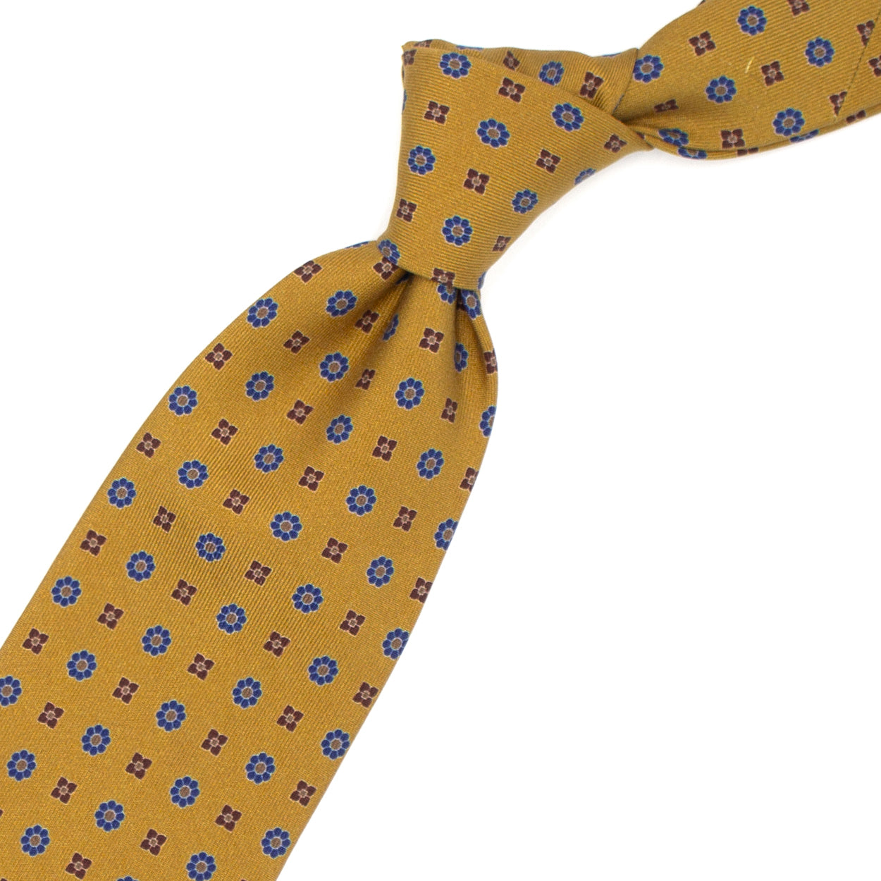 Mustard tie with blue and brown flowers