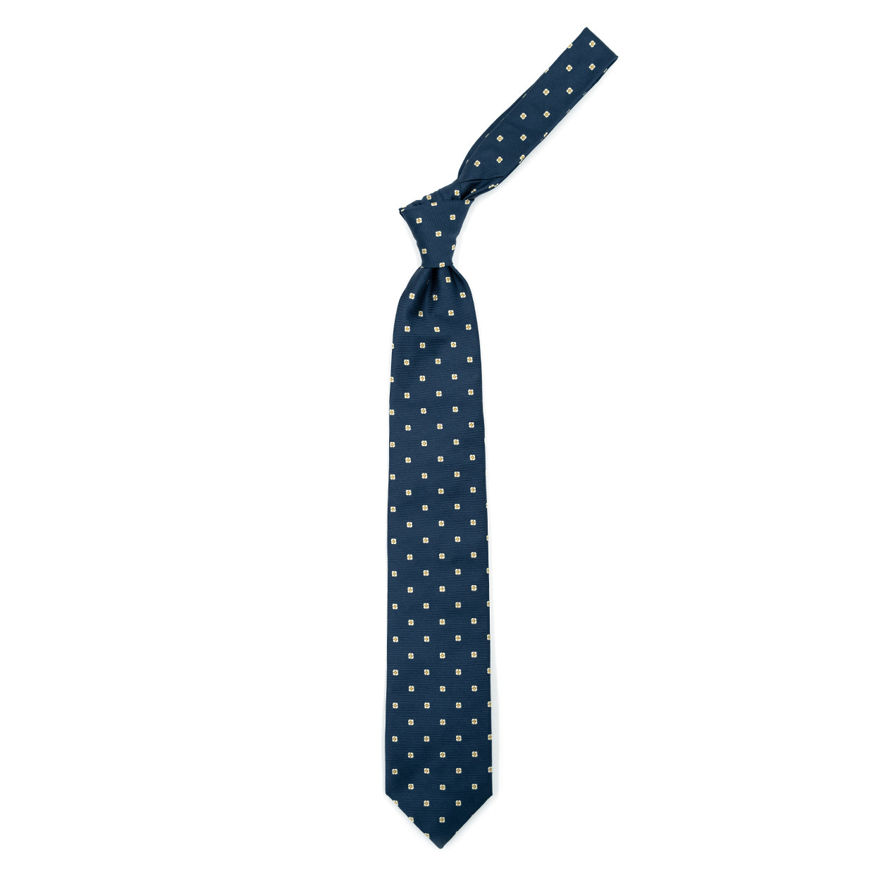 Blue tie with gray flowers and yellow dots