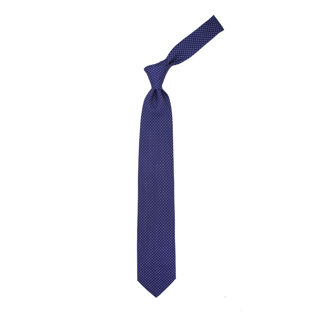 Blue tie with dark blue weave and white dots