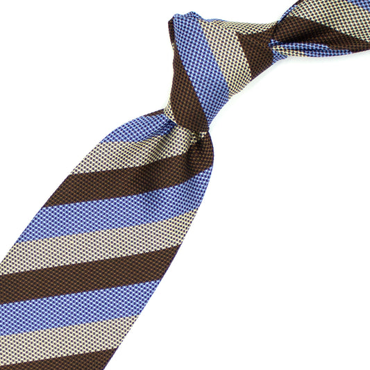 Brown, blue and beige striped tie