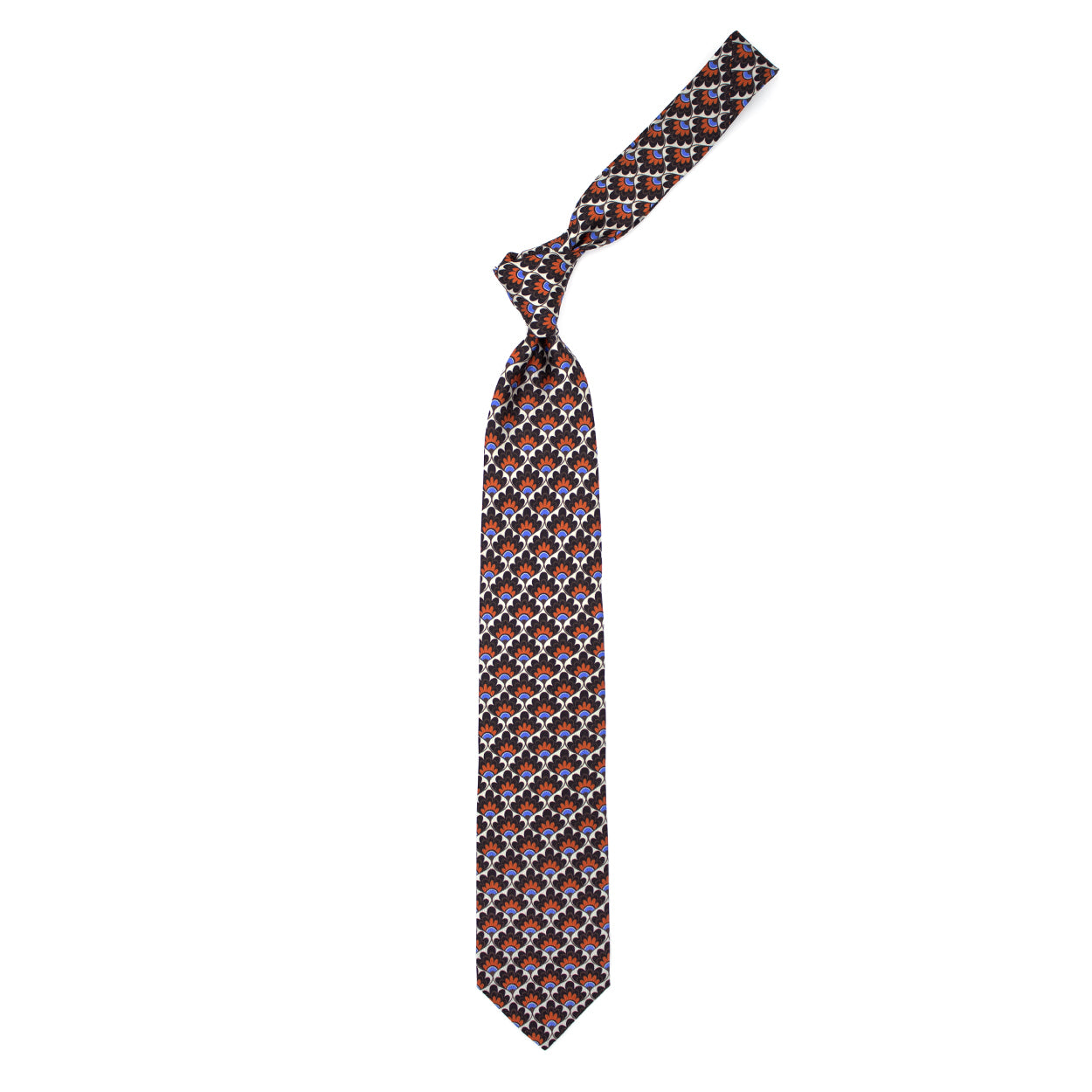 Brown, orange and light blue floral fan pattern tie