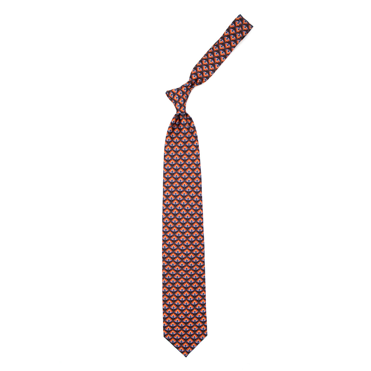 Brown tie with orange, blue and light blue pattern