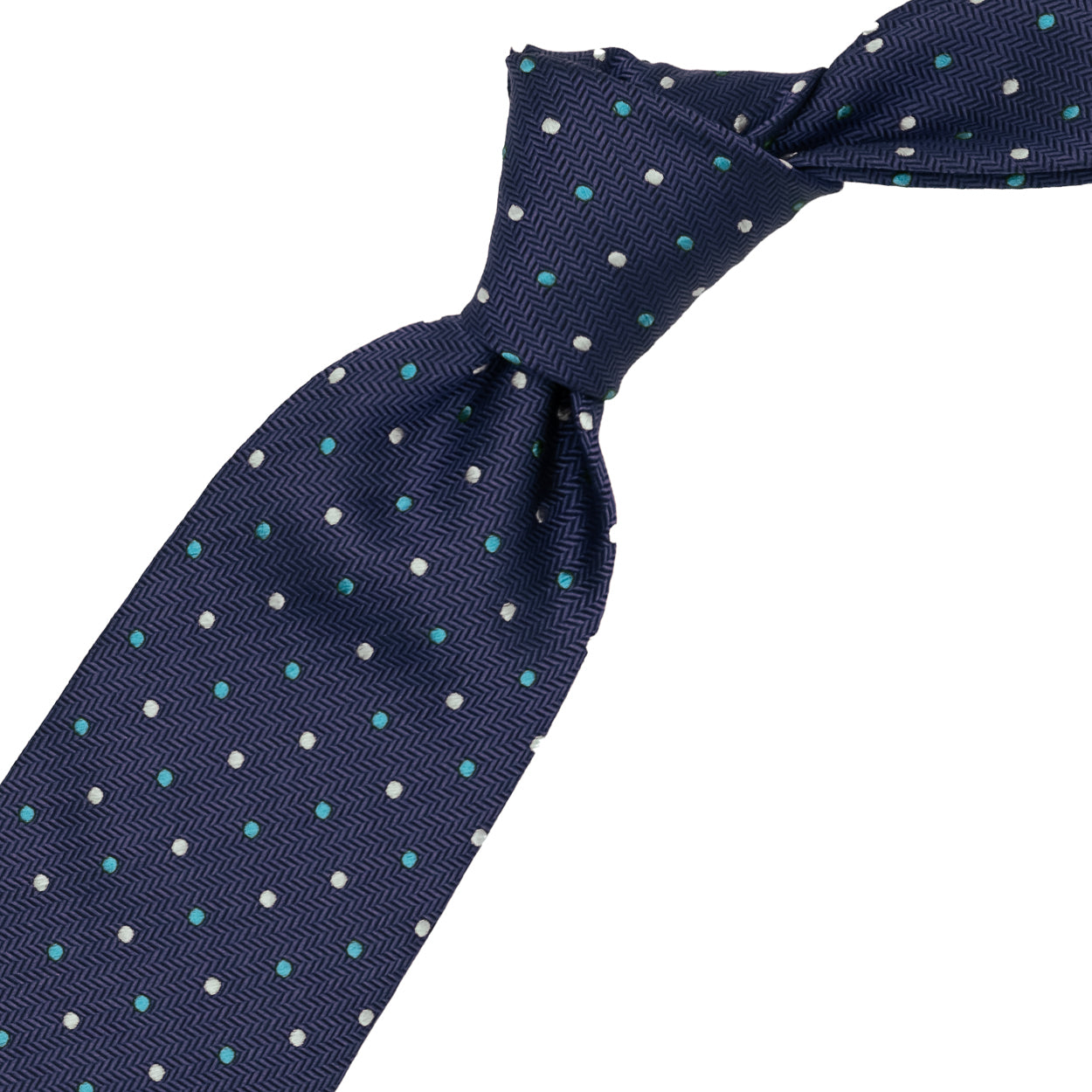 Blue tie with blue and brown polka dots