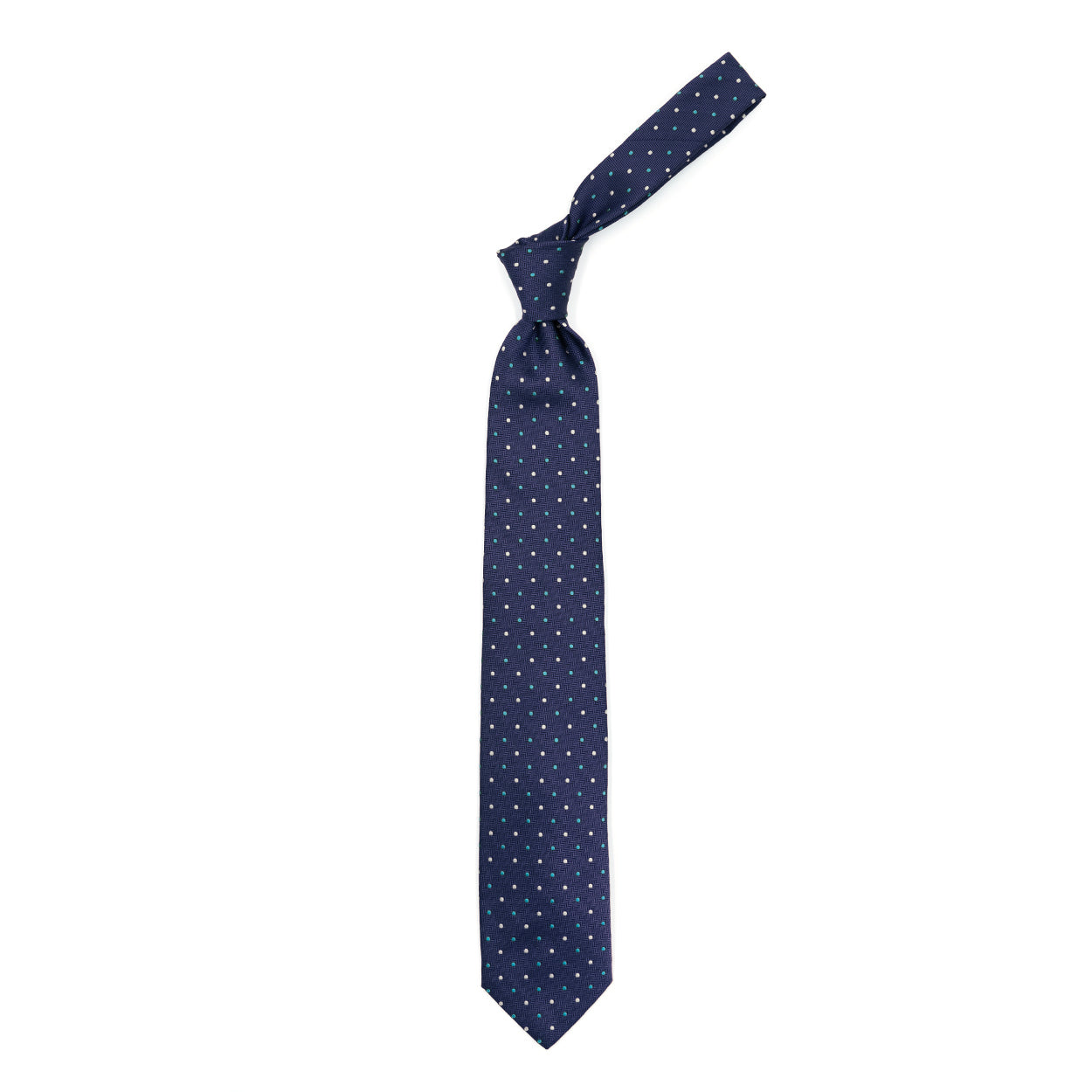 Blue tie with blue and brown polka dots