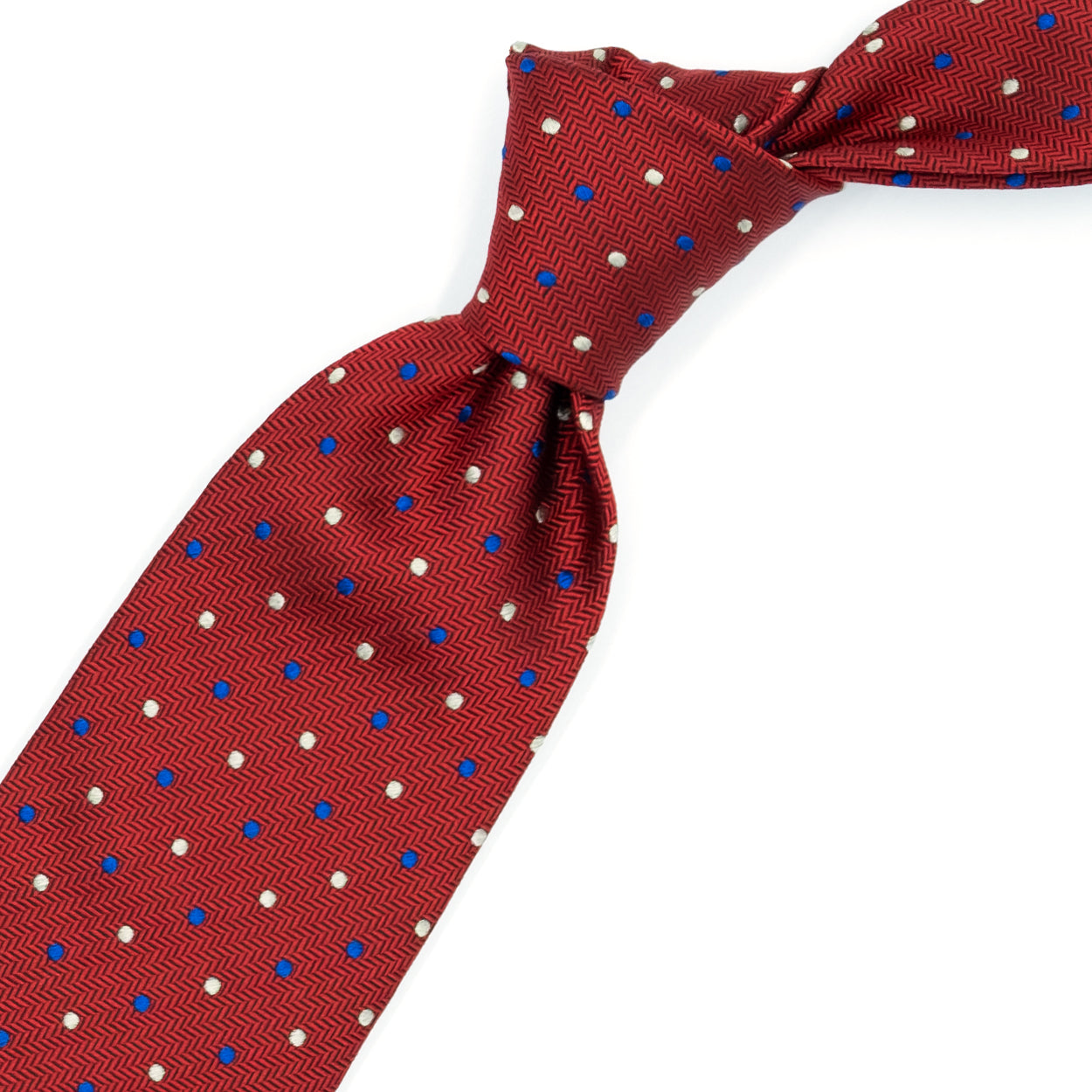 Bordeaux tie with blue and gray polka dots