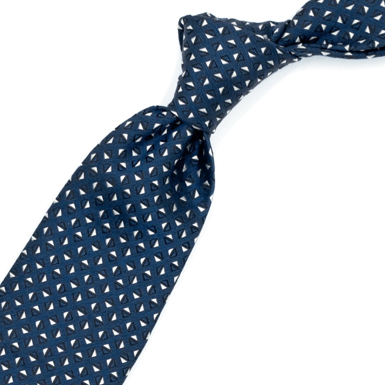 Blue tie with gray and tone-on-tone triangles