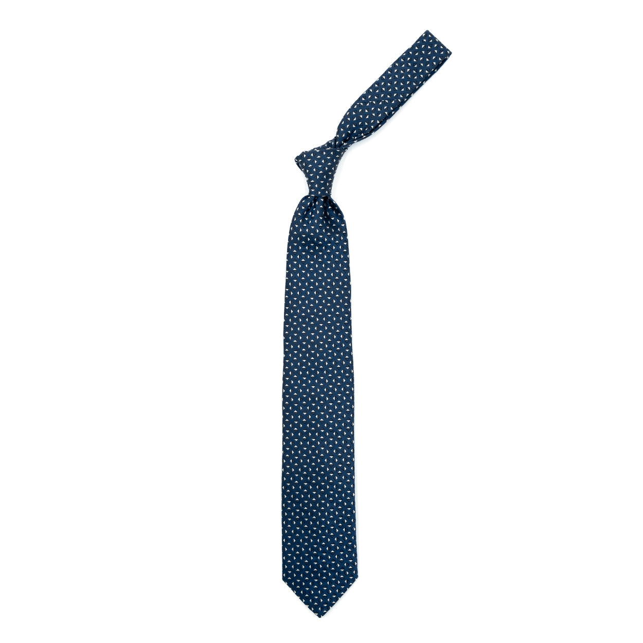 Blue tie with gray and tone-on-tone triangles