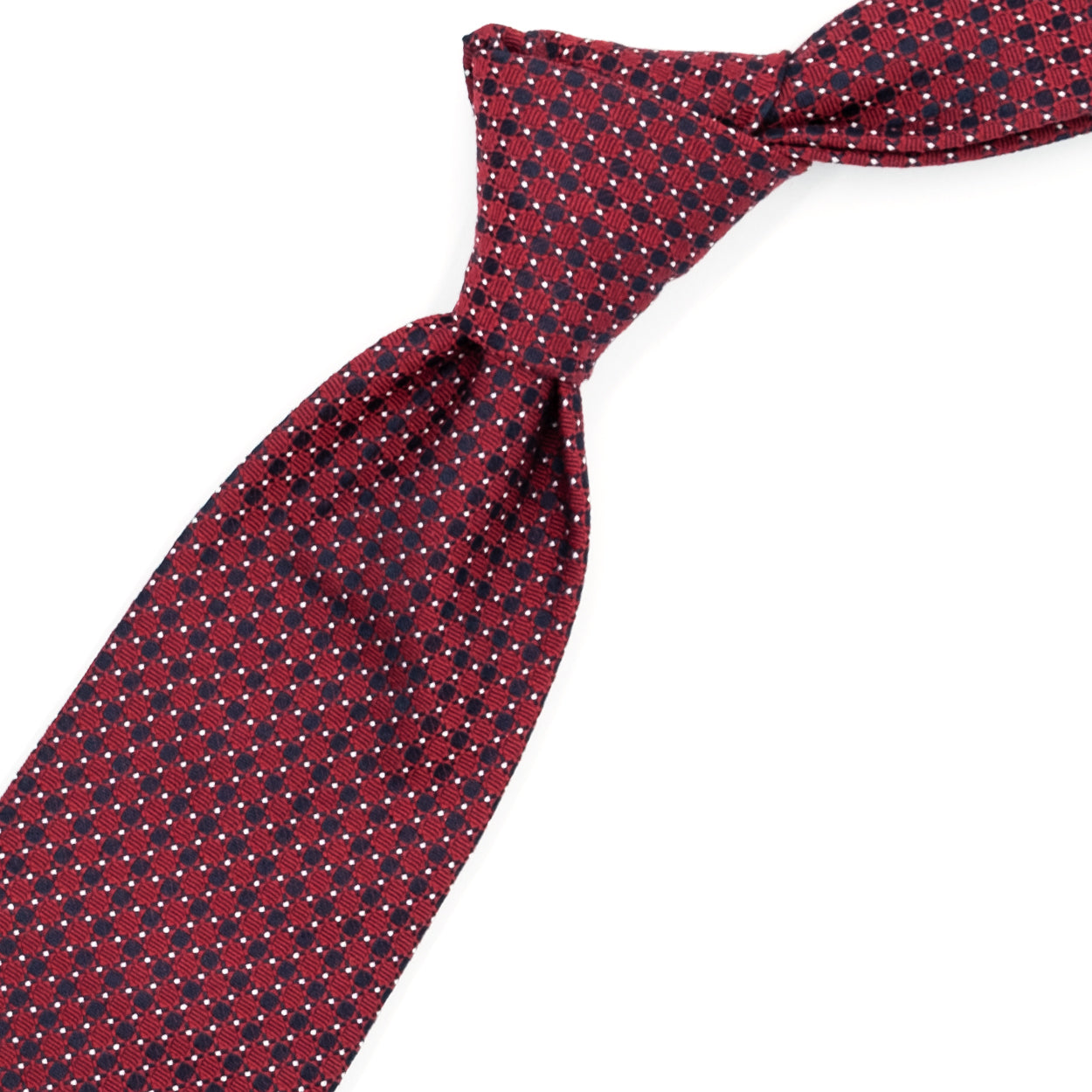 Red tie with blue weave and white dots