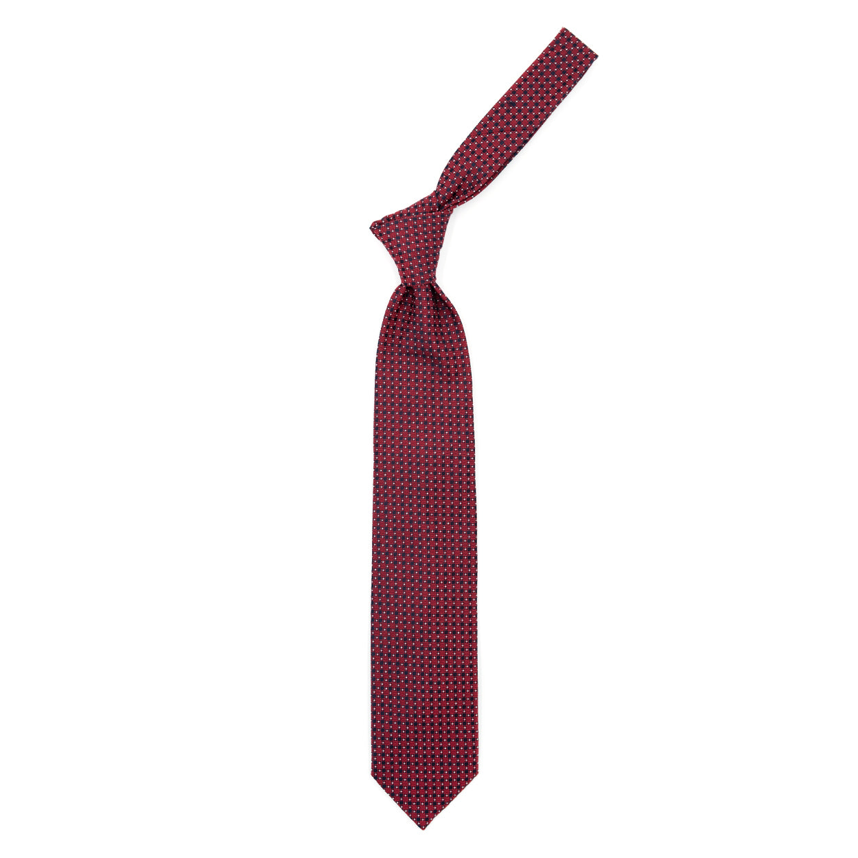 Red tie with blue weave and white dots