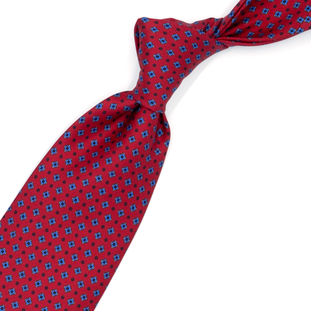 Dark red tie with light blue flowers and blue polka dots