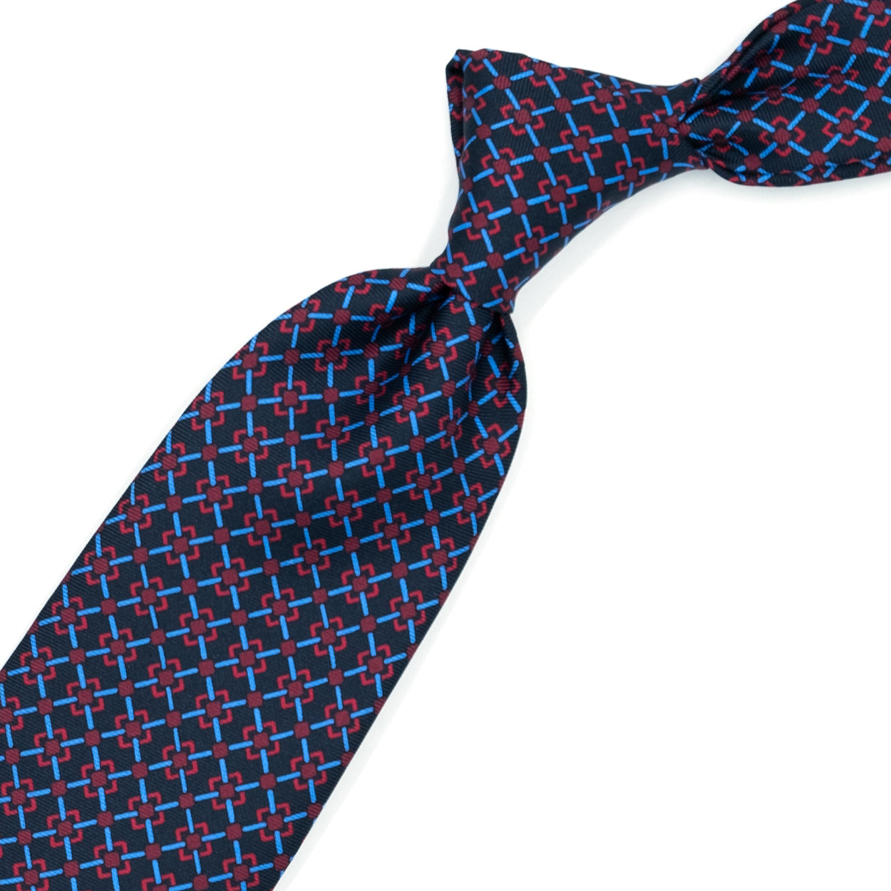 Blue tie with blue and red geometric pattern