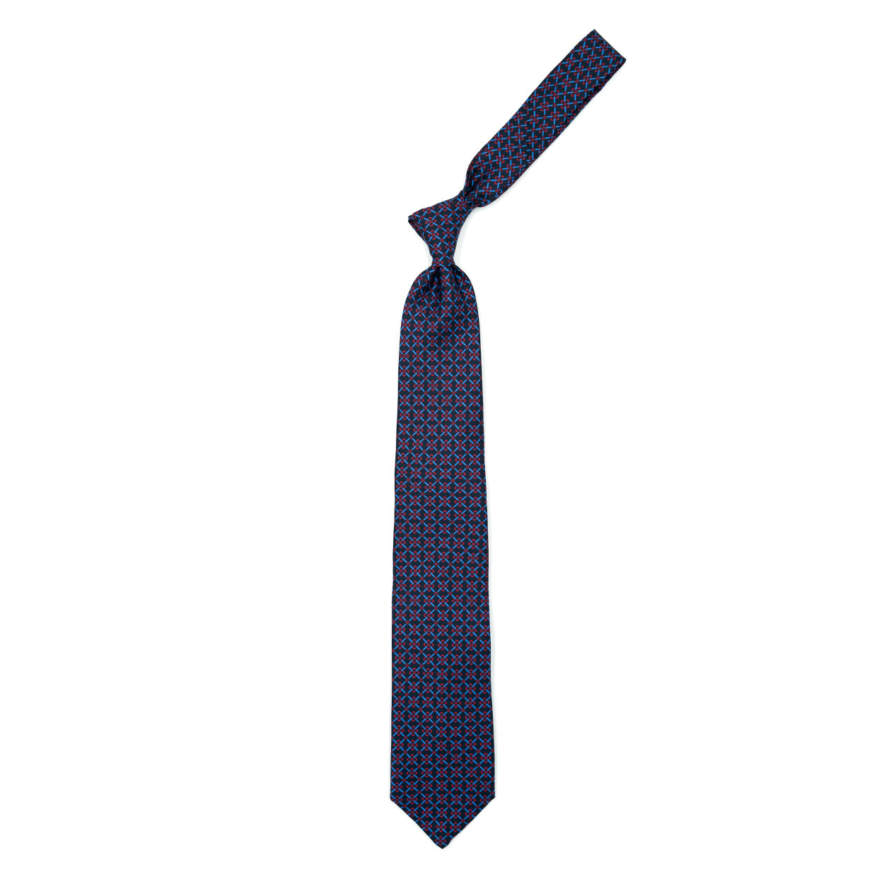 Blue tie with blue and red geometric pattern