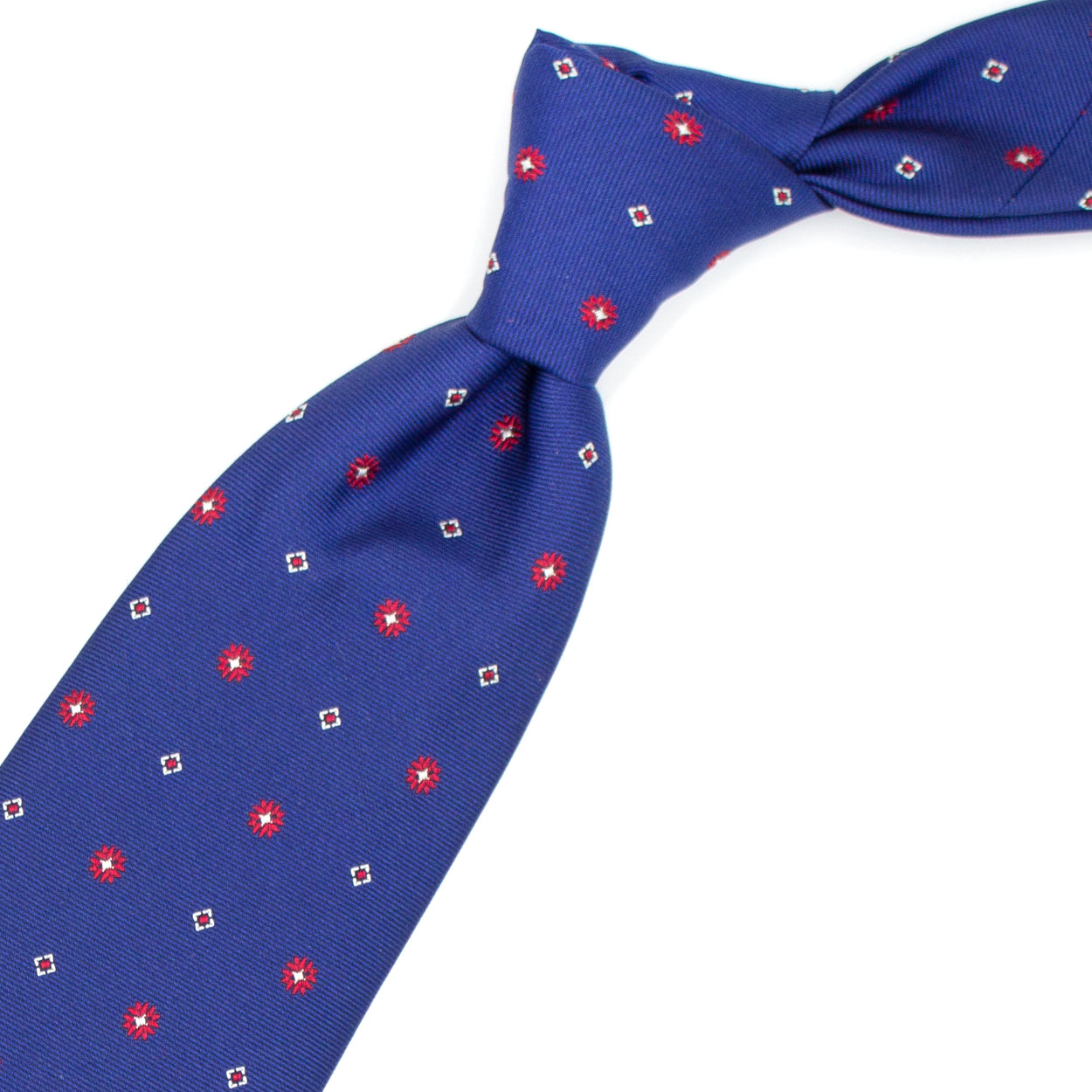 Blue tie with flowers and red and white squares