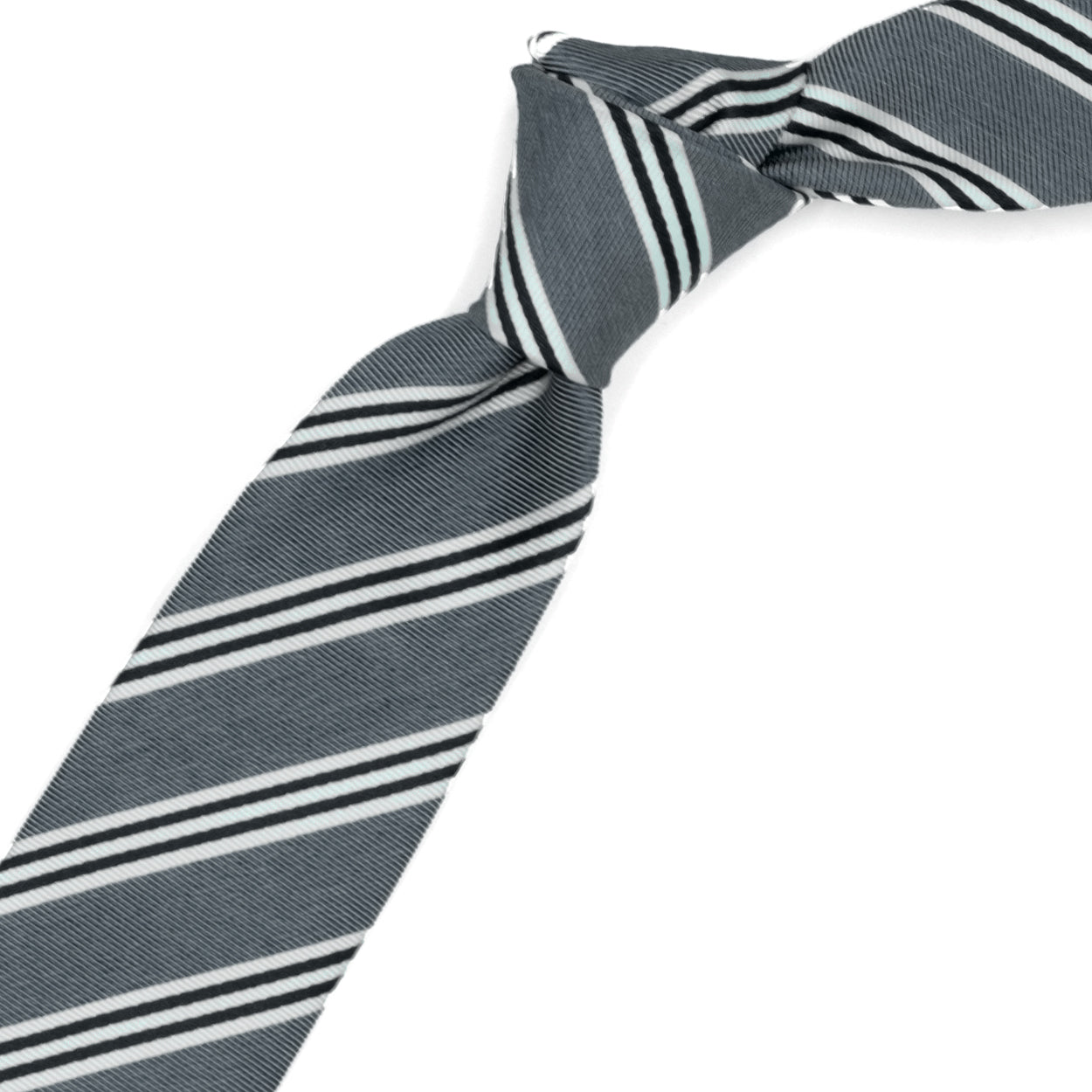 Gray tie with blue and white stripes