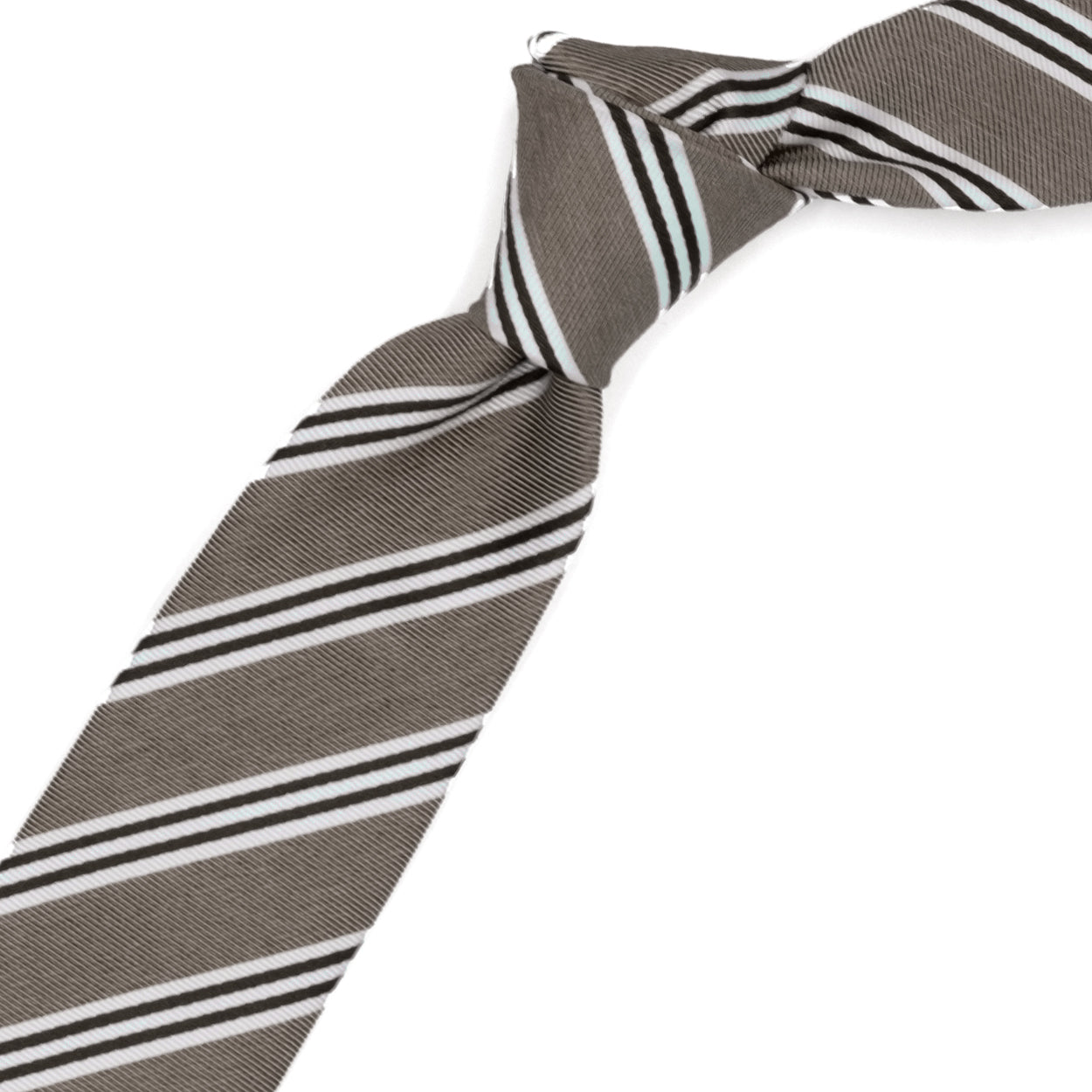 Beige tie with blue and white stripes