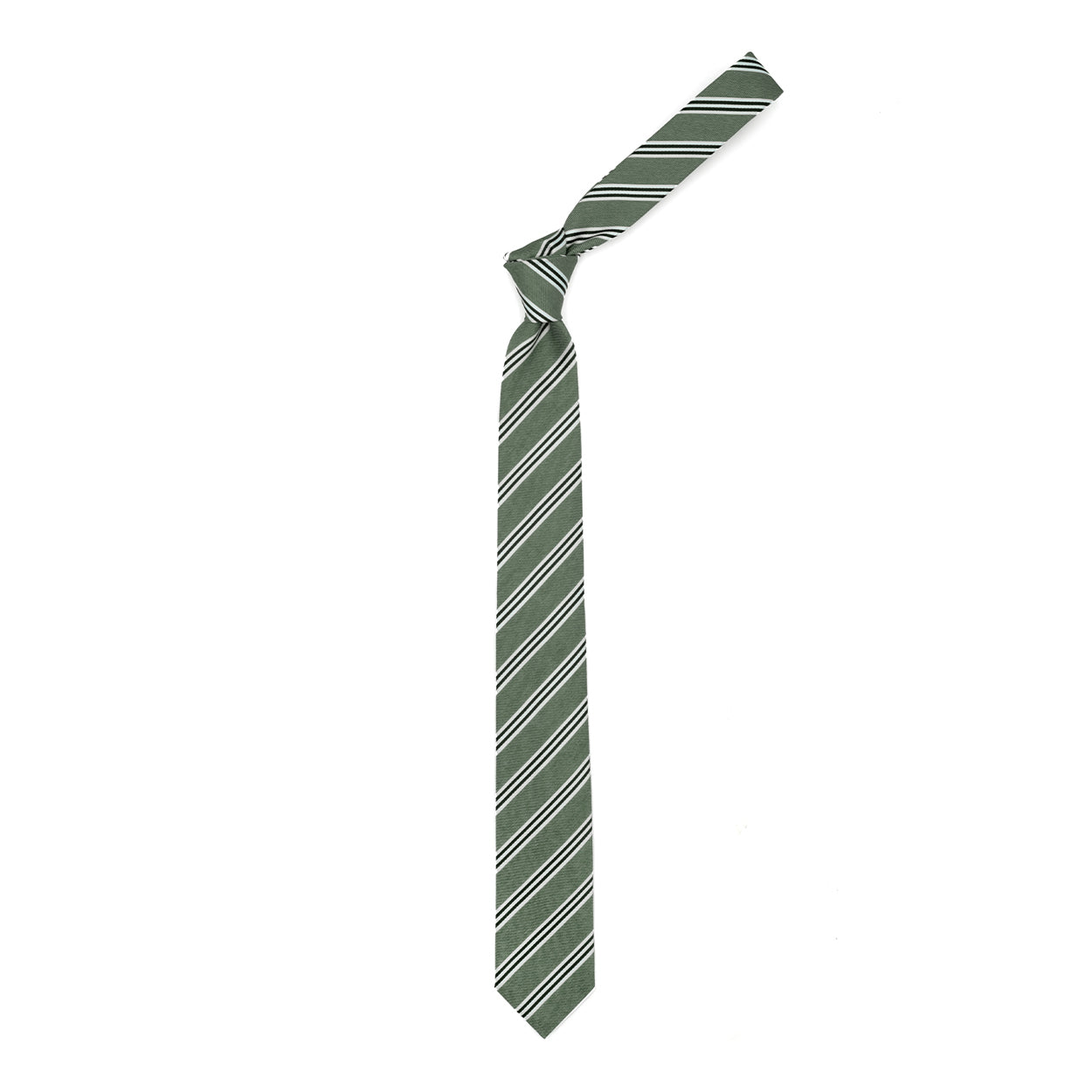 Green tie with blue and white stripes