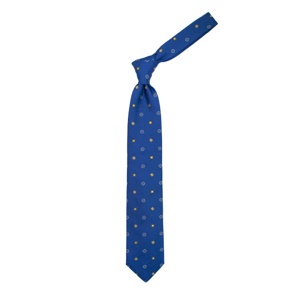 Blue tie with yellow and white geometric pattern