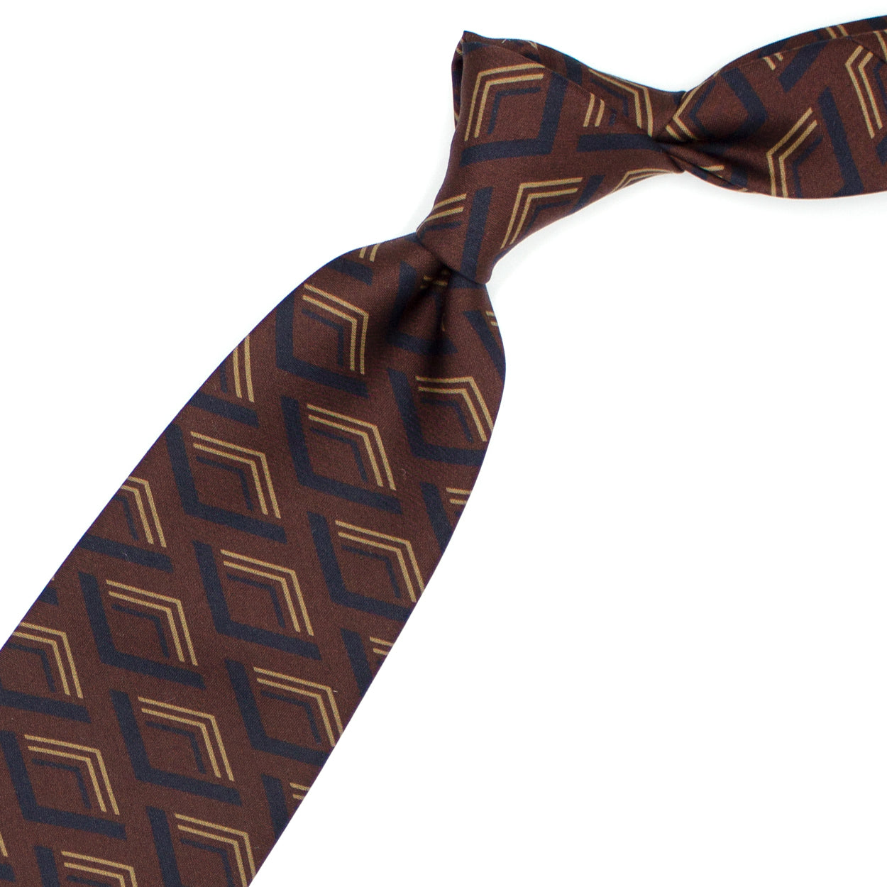 Brown tie with blue and mustard geometric pattern