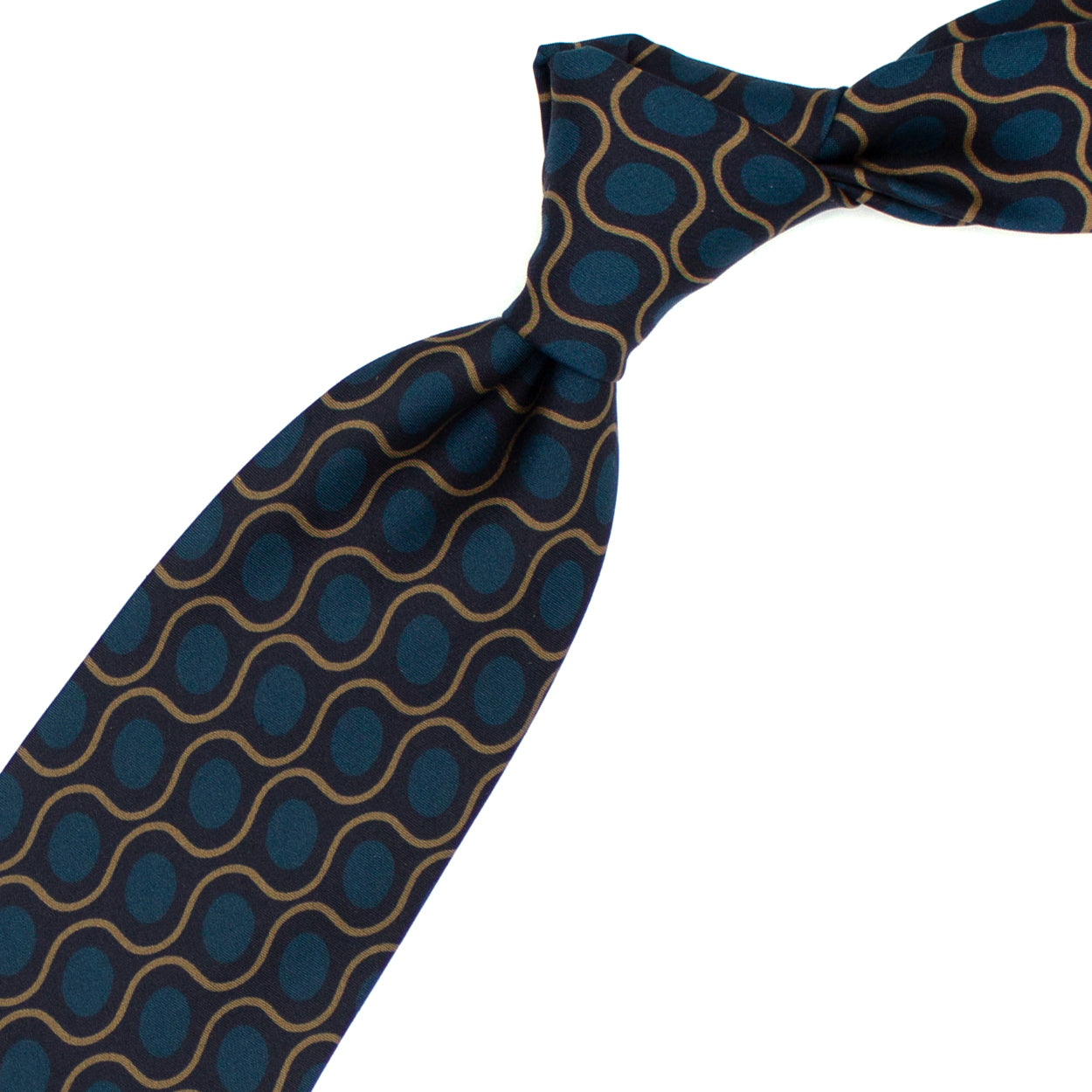 Blue tie with green and beige pattern