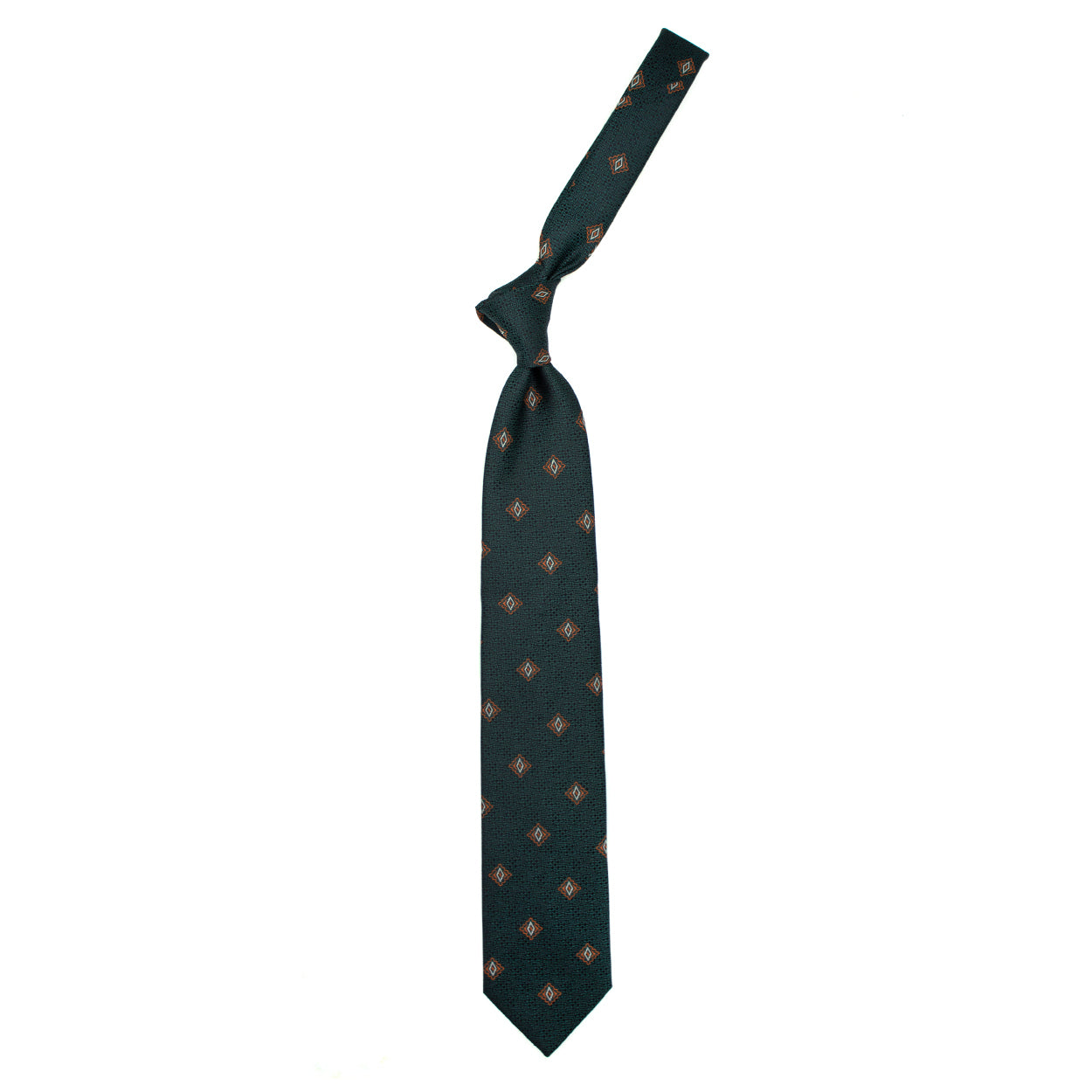 Green tie with orange and white geometric pattern