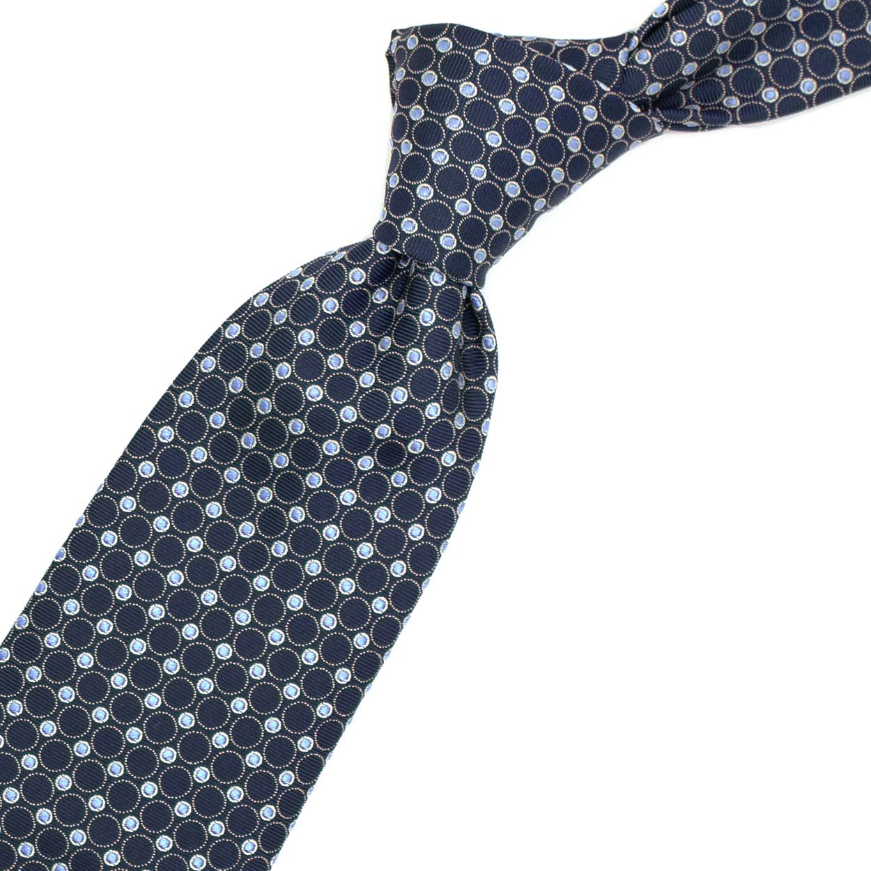 Blue tie with grey circles and blue dots