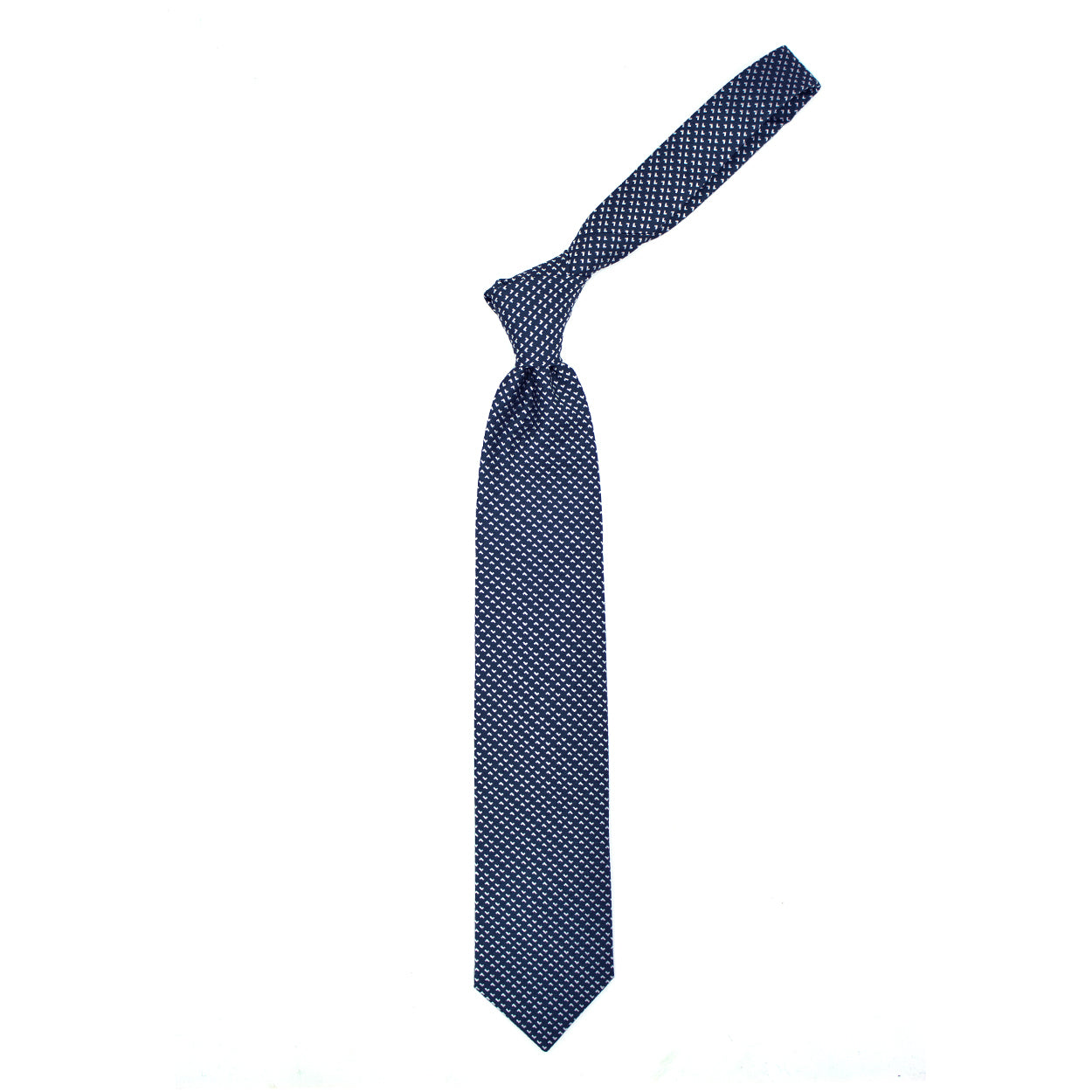 Blue tie with white geometric pattern