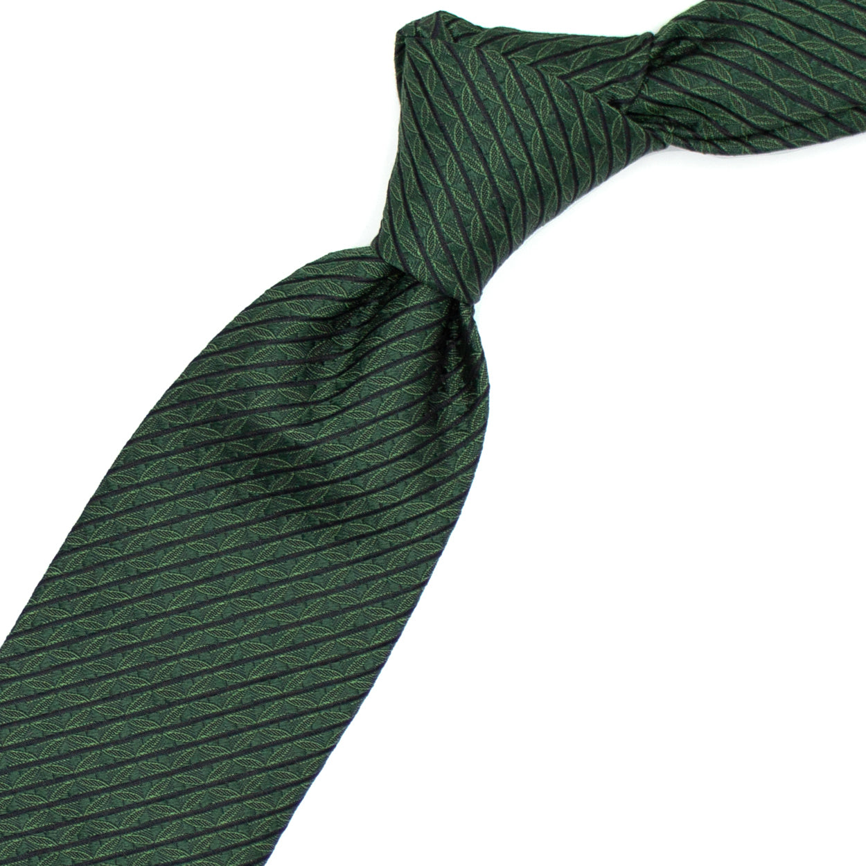 Green tie with textured flowers and black stripes