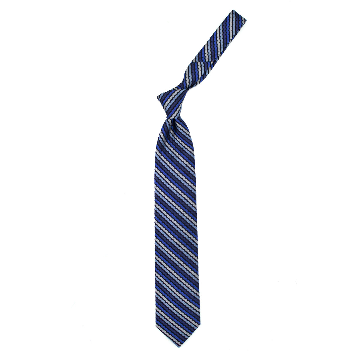 Blue tie with blue, blue, blueette and grey stripes