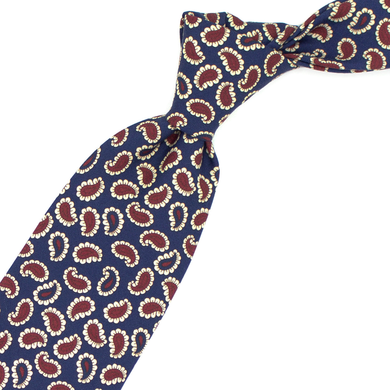 Blue tie with red and cream paisleys