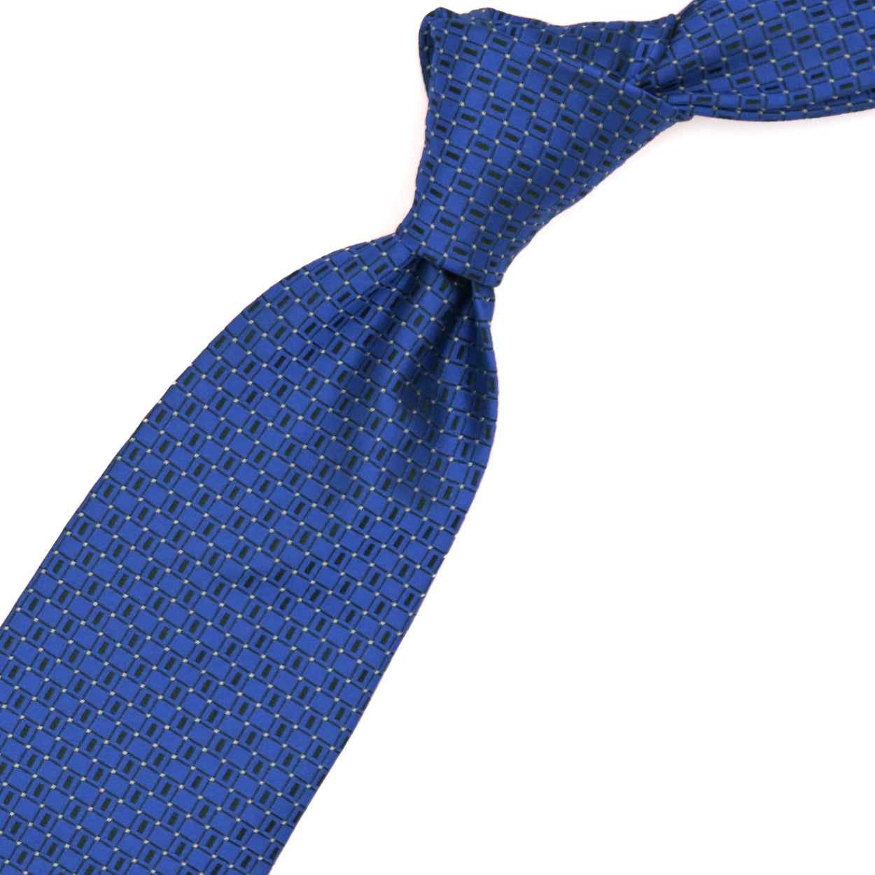 Blue tie with black pattern and white dots