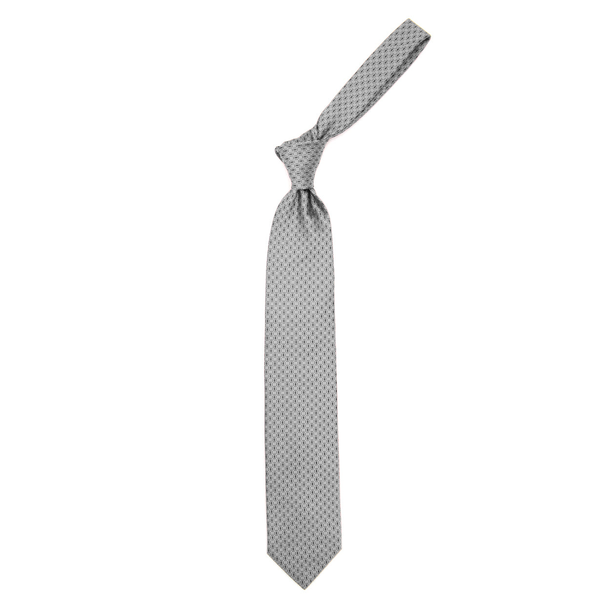 Grey tie with blue pattern and white dots