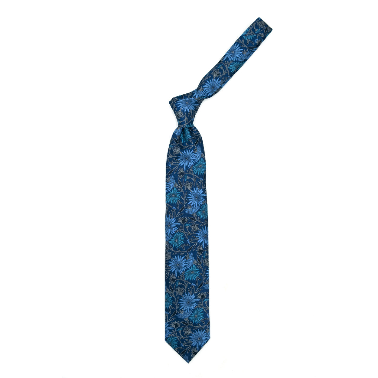 Blue tie with blue and grey floral pattern