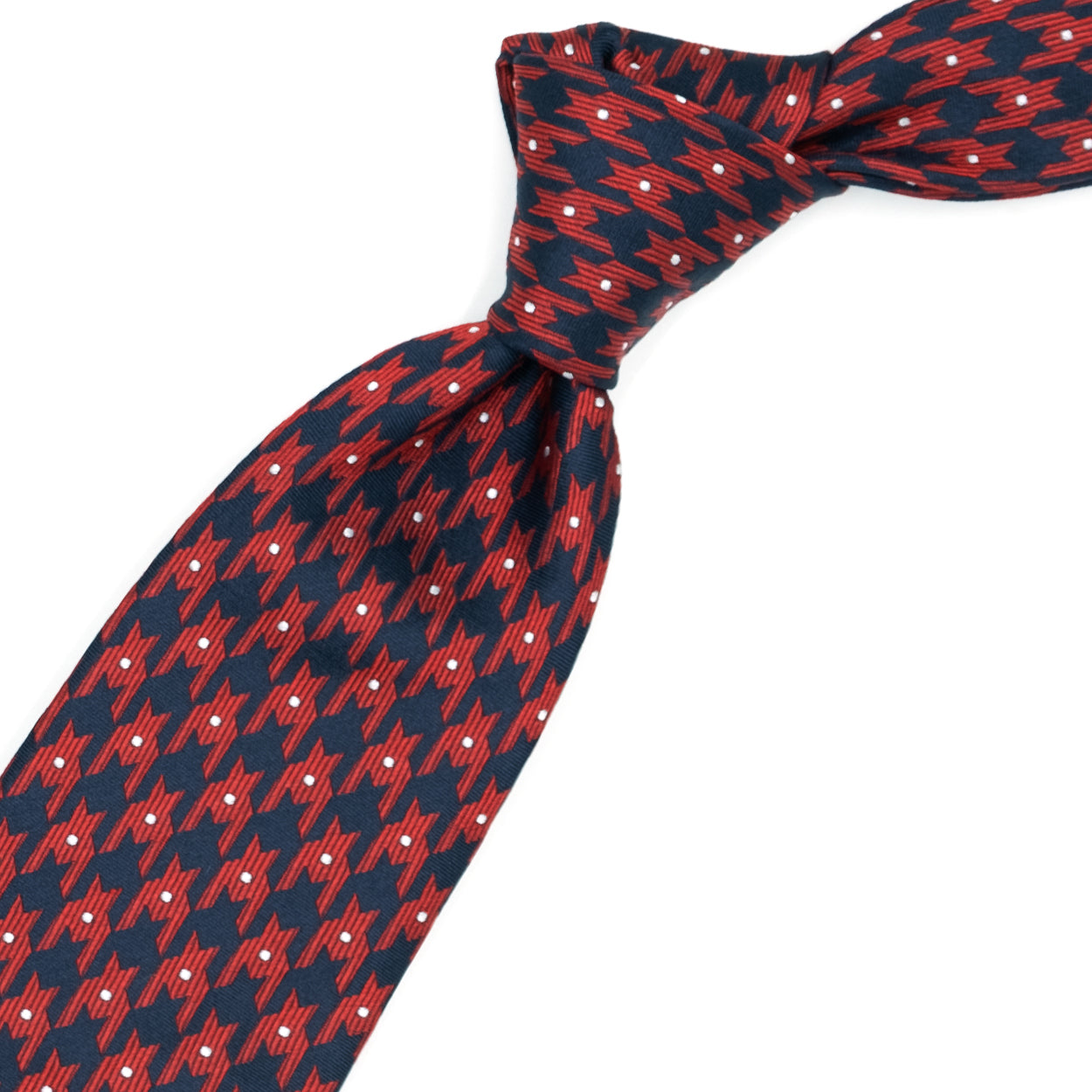 Blue tie with red abstract pattern and grey dots