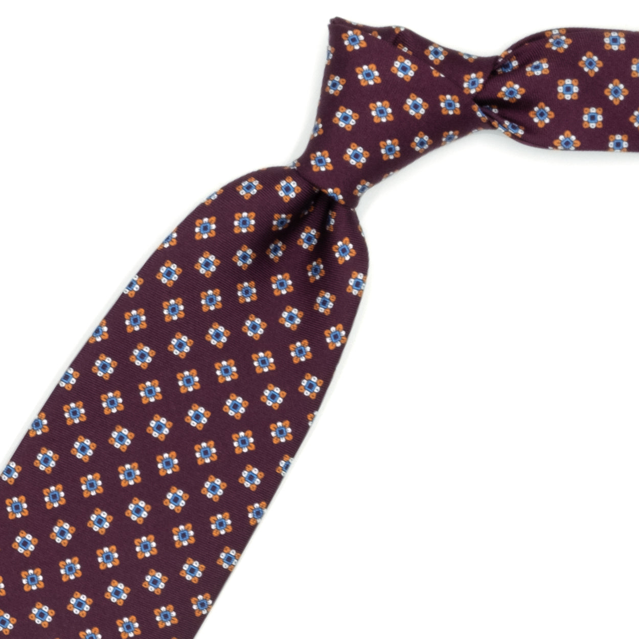 Bordeaux tie with blue, orange and white pattern