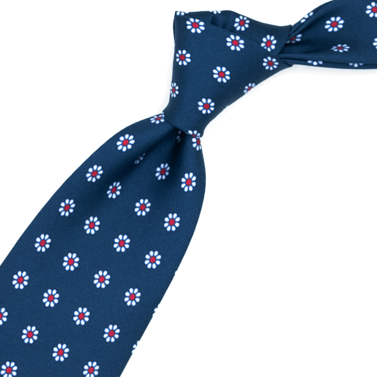 Blue tie with white flowers and red dots