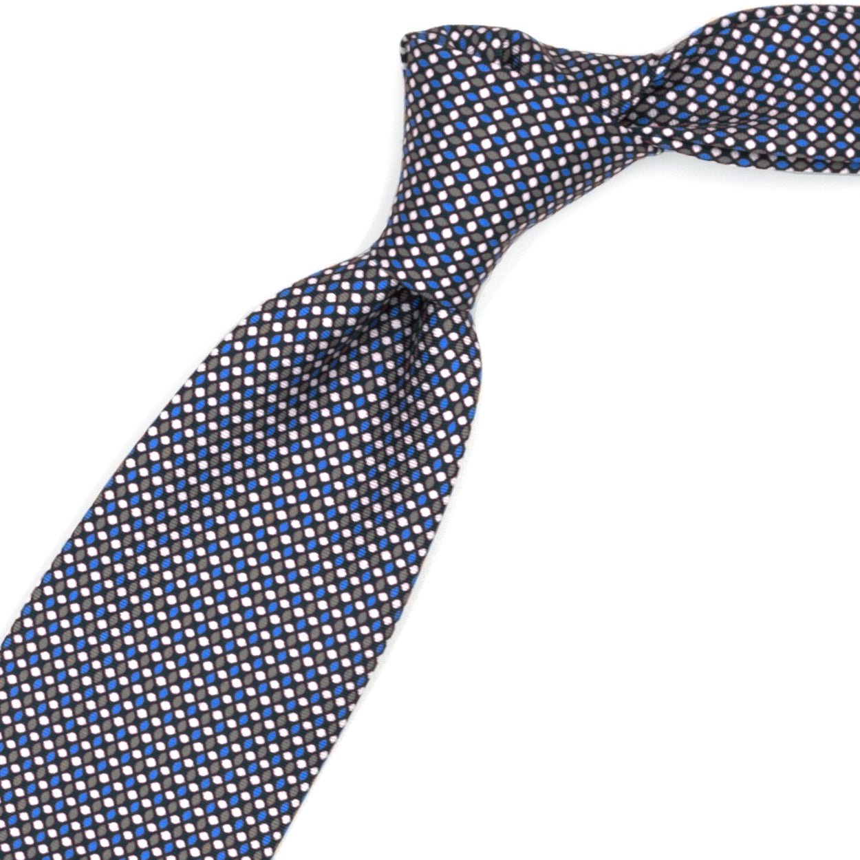 Cravatta marrone con pattern geometrico azzurro, beige e panna
