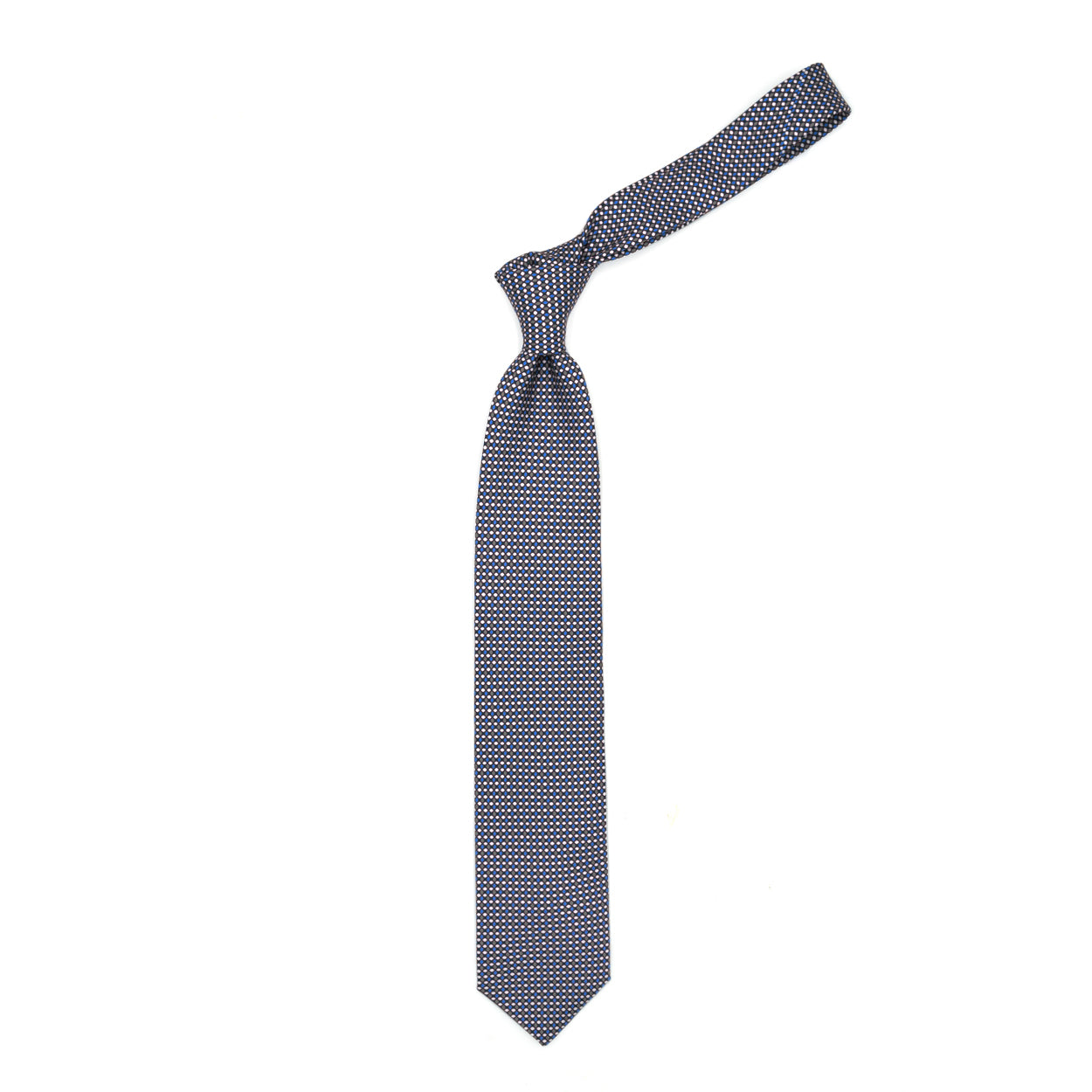Cravatta marrone con pattern geometrico azzurro, beige e panna