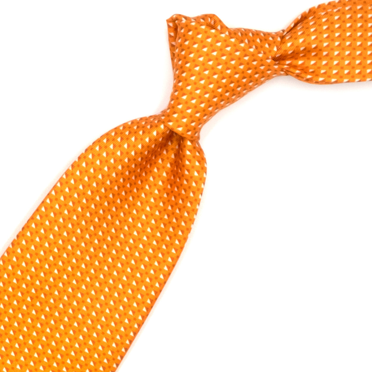 Orange tie with red and white geometric pattern