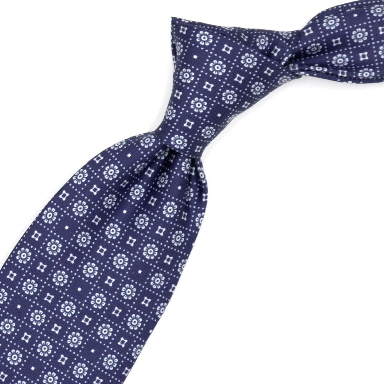 Blue tie with little flowers, squares and white dots