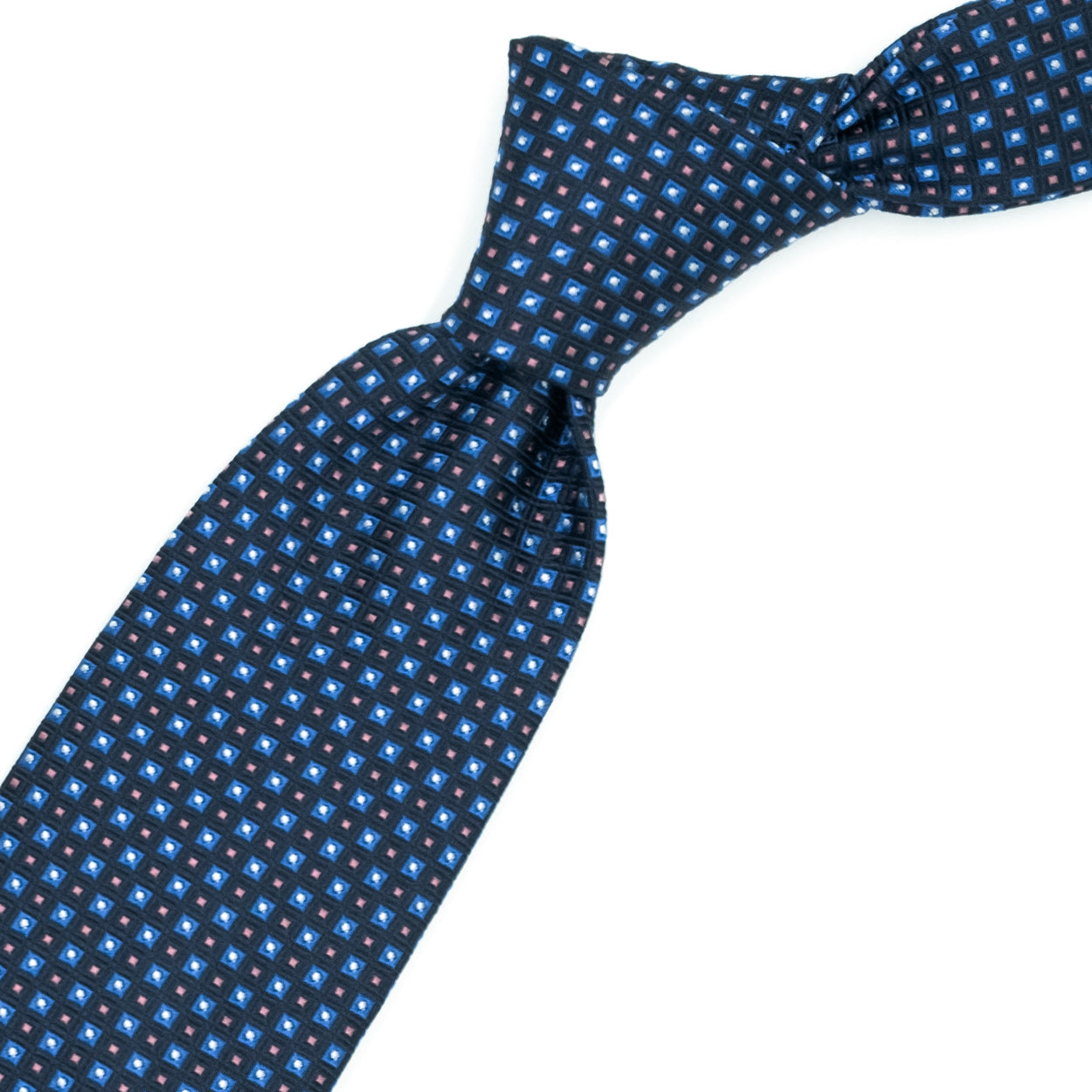 Blue tie with blue, pink and white squares