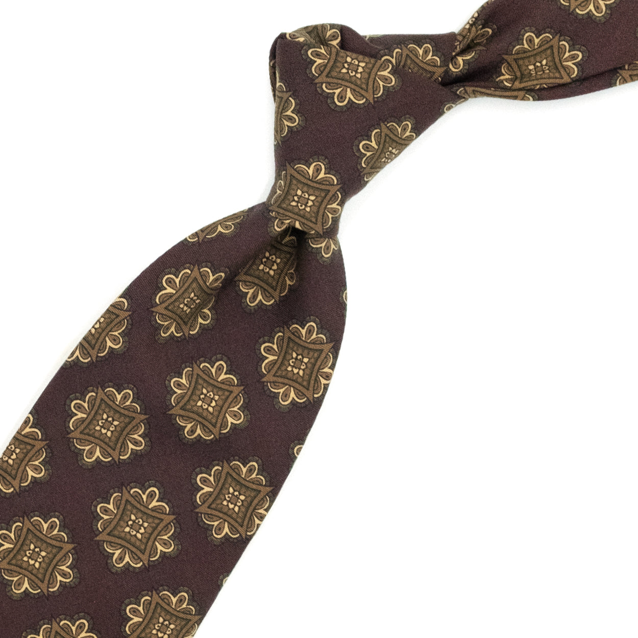 Bordeaux tie with brown, beige and green medallions