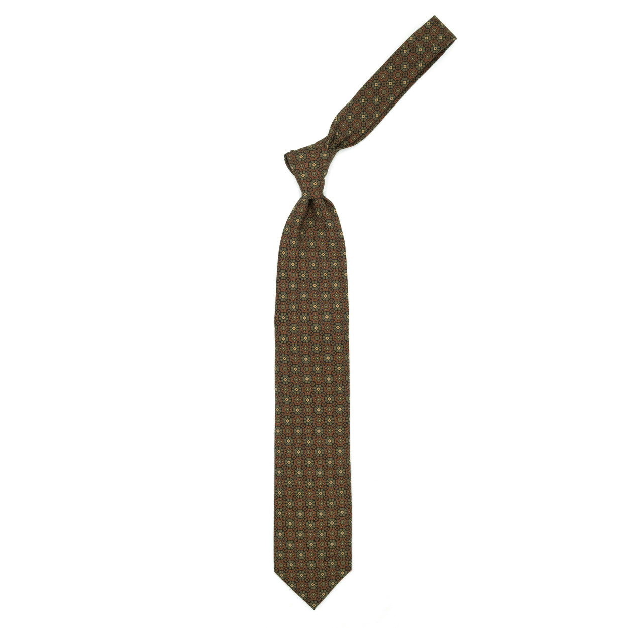 Rust tie with green and brown medallions