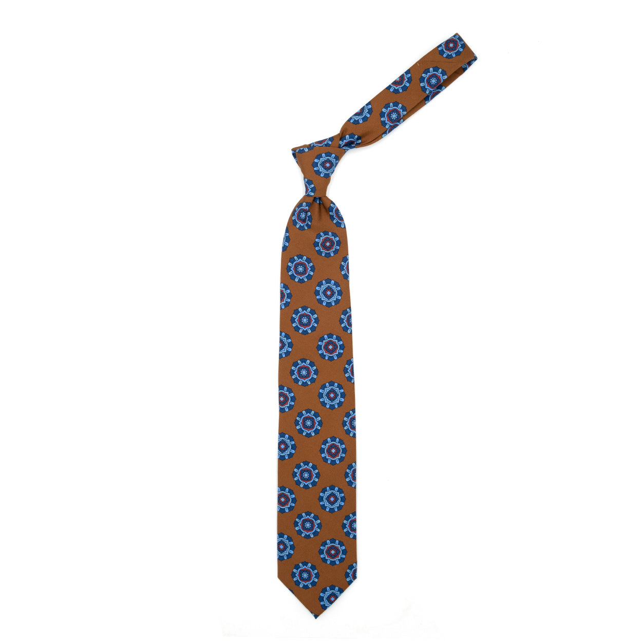 Light brown tie with blue, blue and red medallions