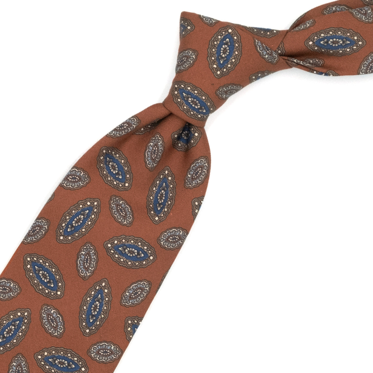 Orange tie with light blue and blue paisleys