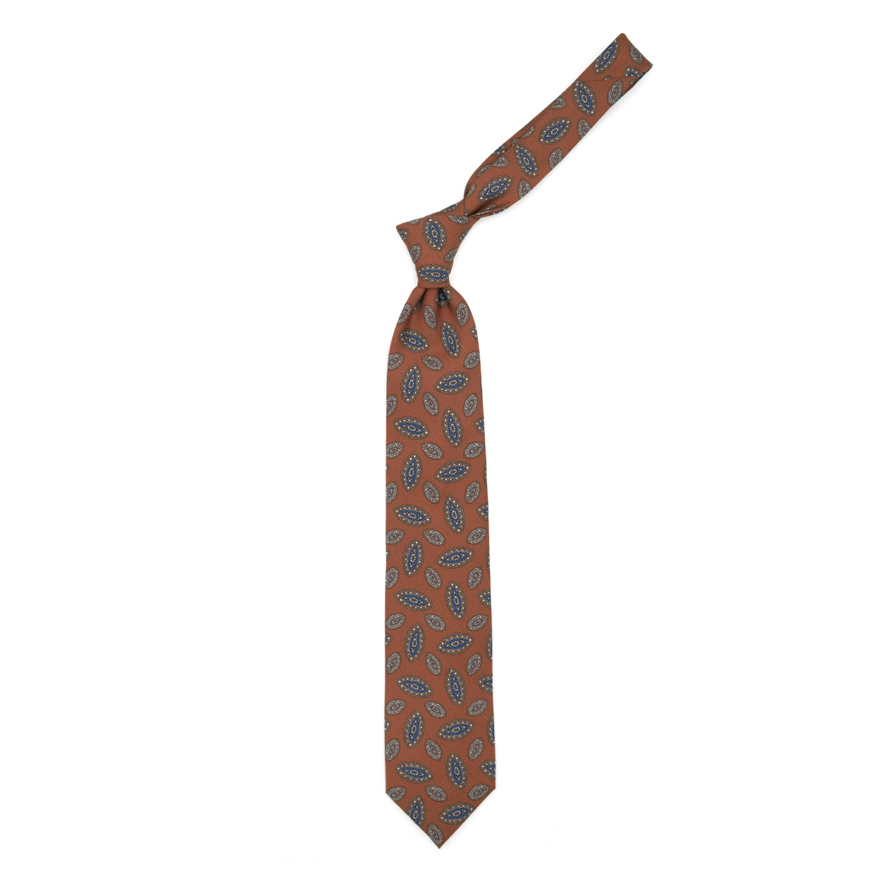 Orange tie with light blue and blue paisleys