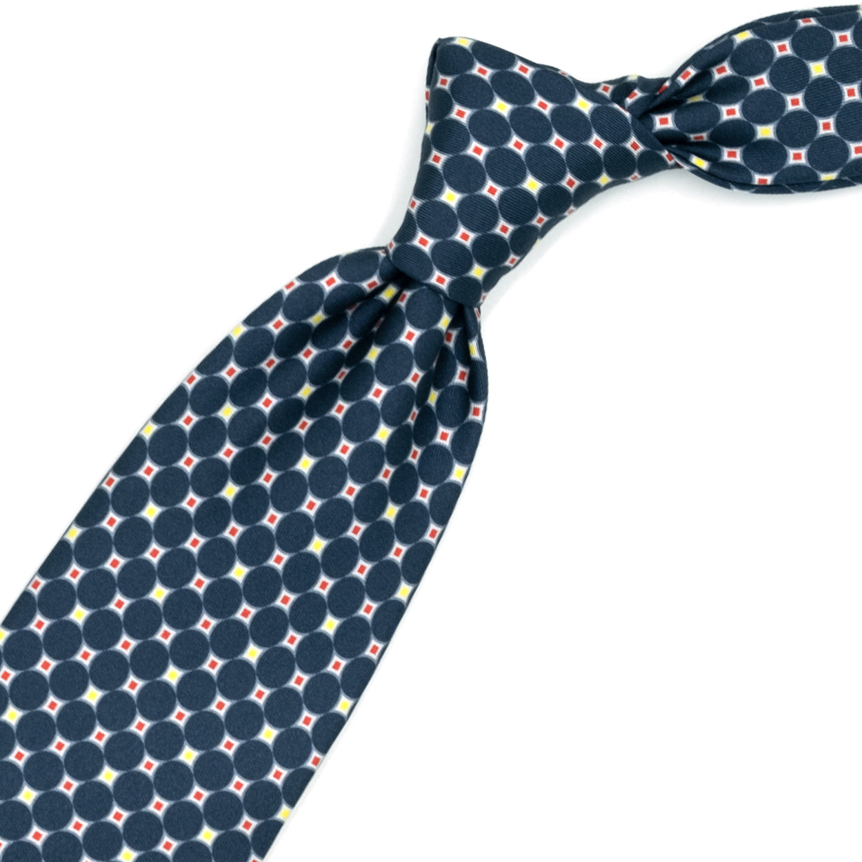 Blue tie with blue, yellow and red geometric pattern