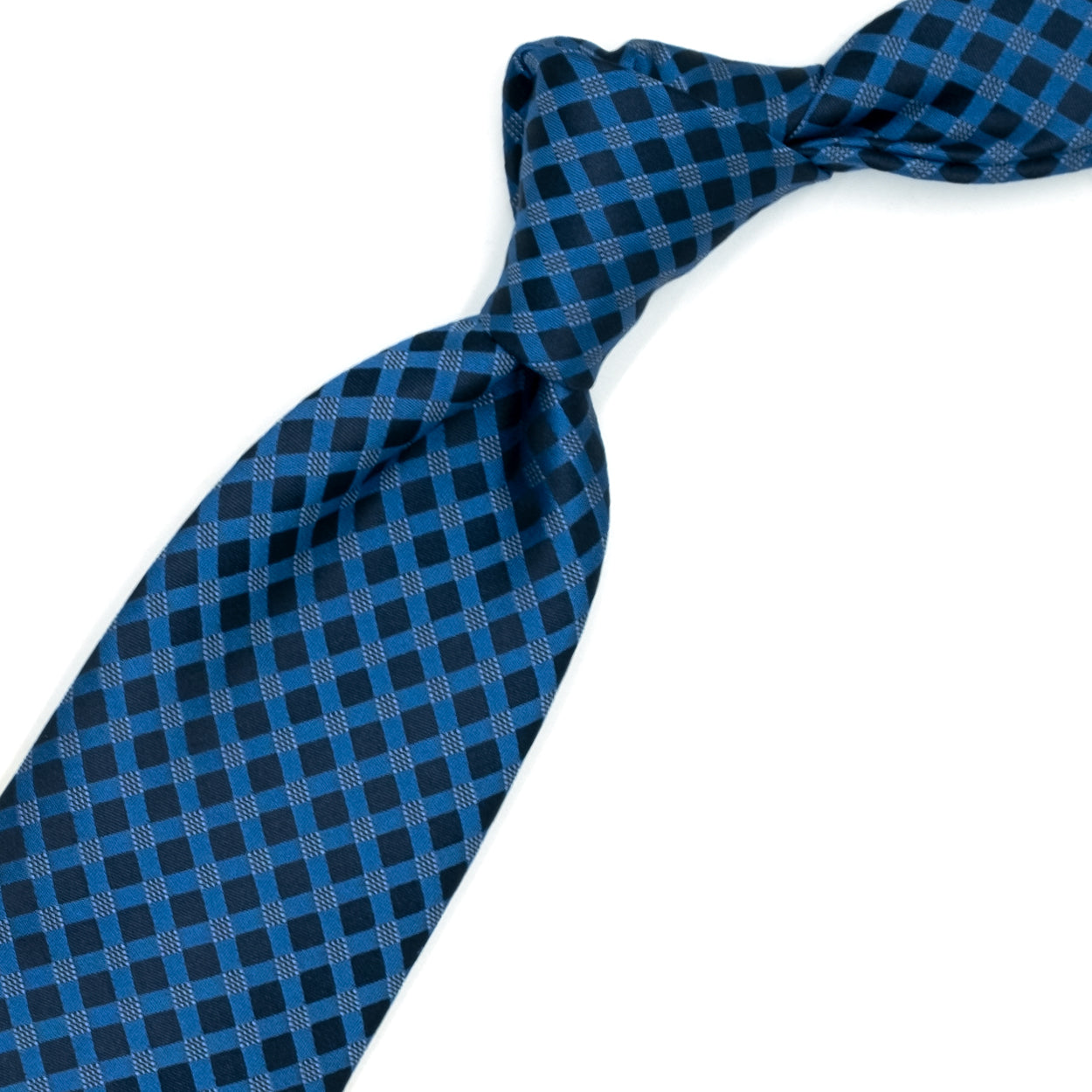 Blue tie with blue and white geometric pattern