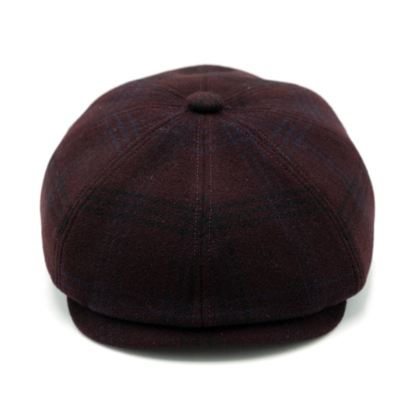 8-slice wool cap with burgundy tartan pattern and Ulturale burgundy pattern silk inner lining